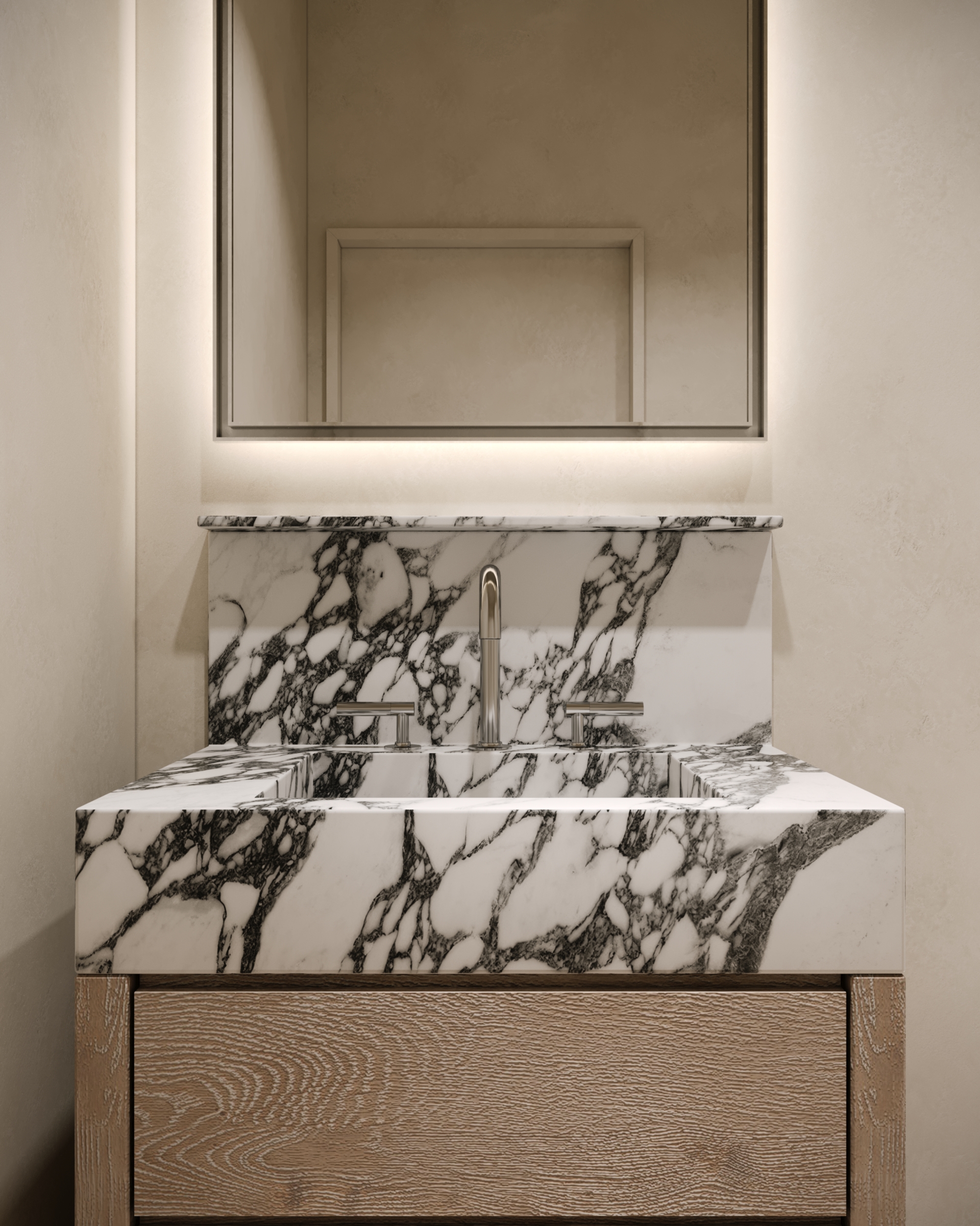Bath with veined marble vanity
