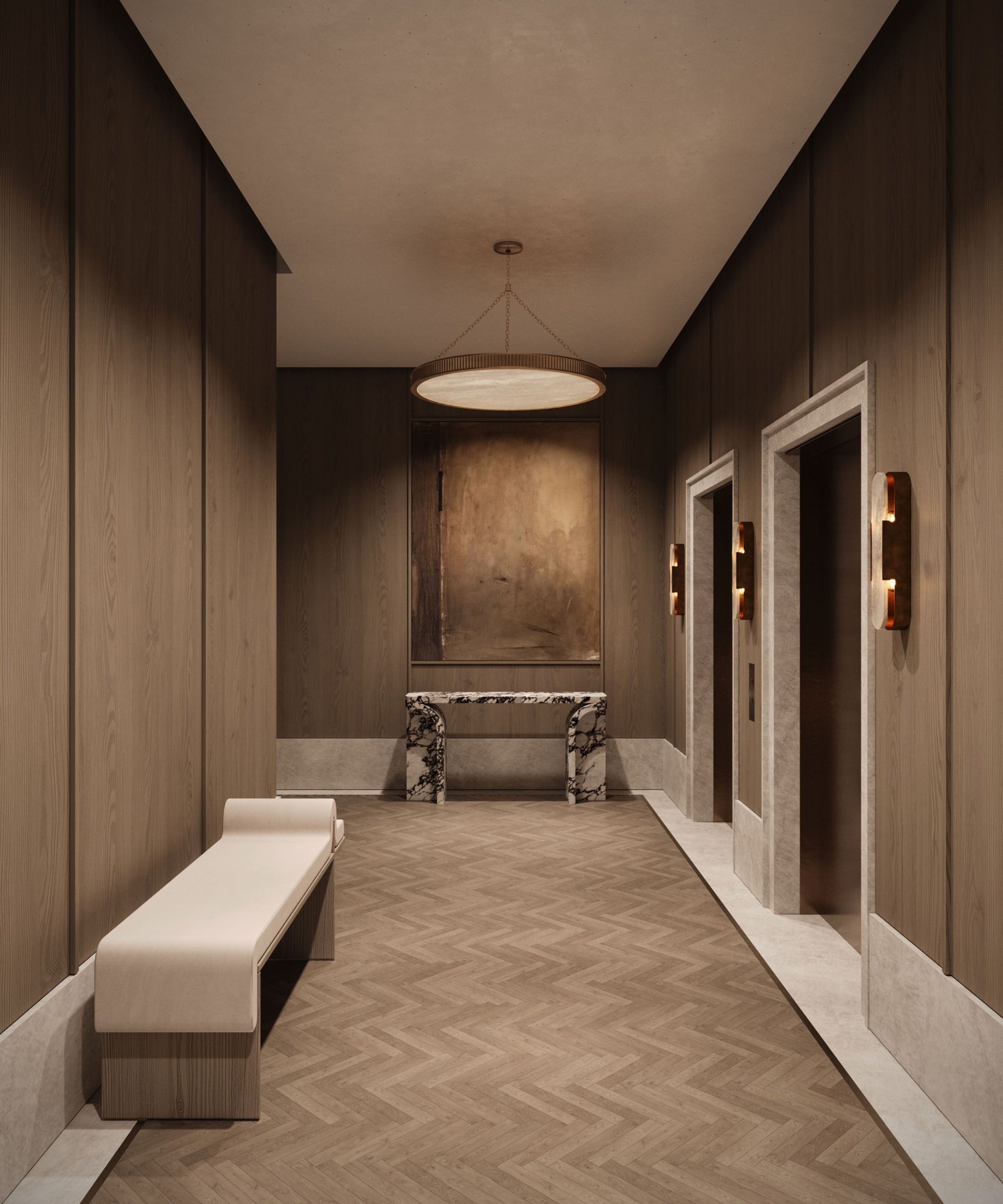 Wood-paneled hallway with herringbone floors