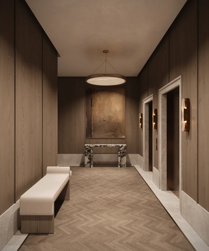 Wood-paneled hallway with herringbone floors