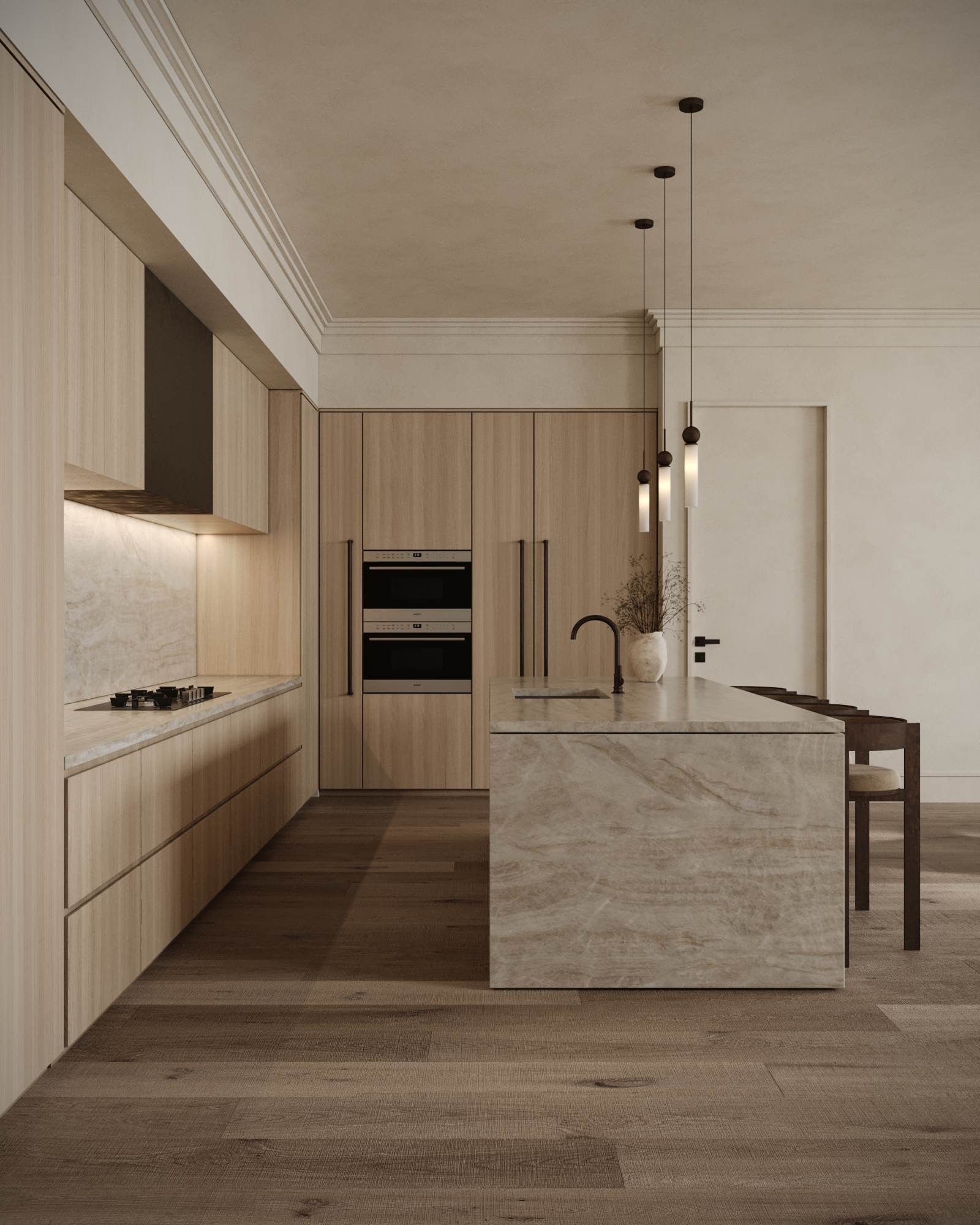 Kitchen with a veined stone island