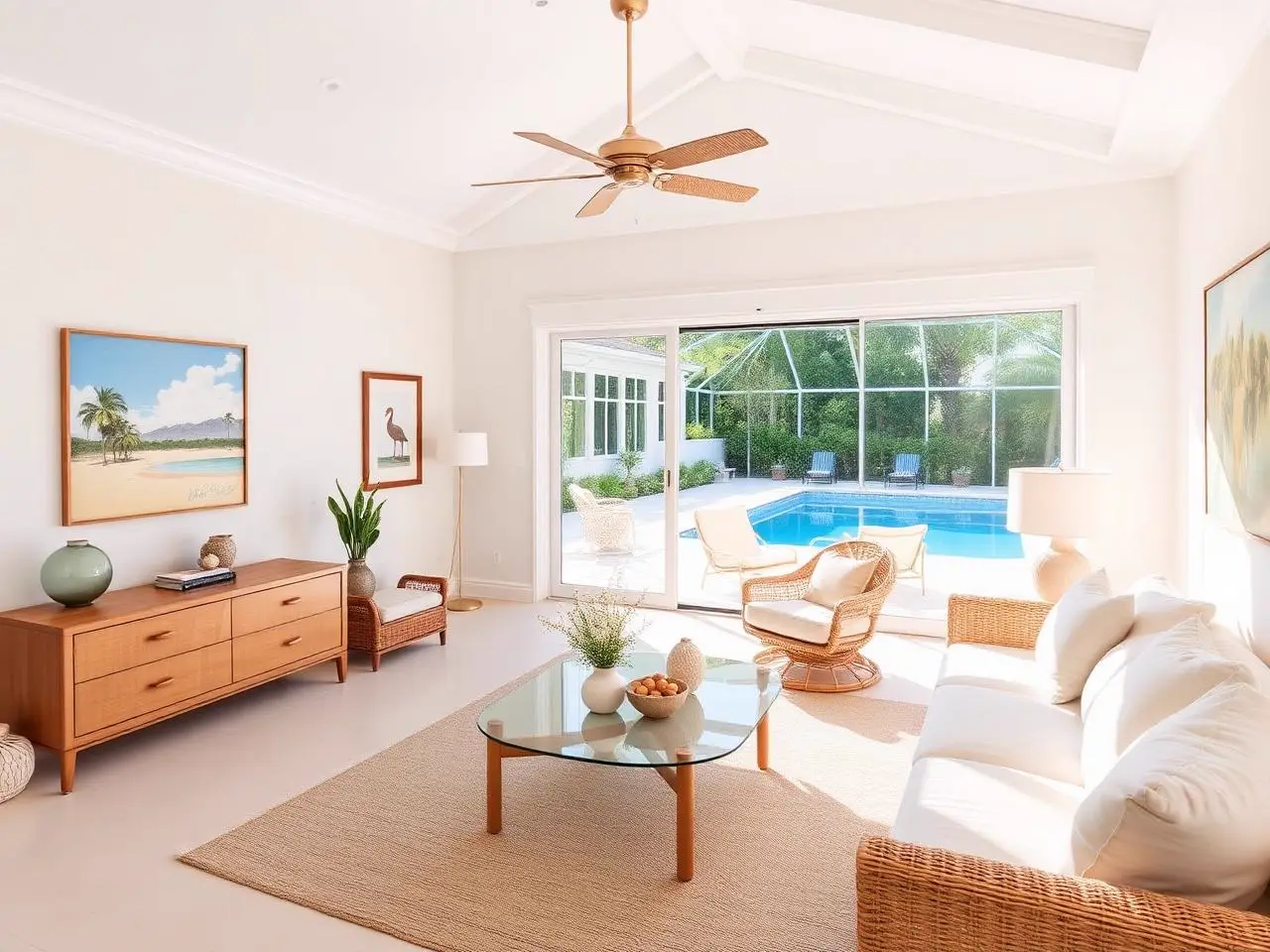 Bright coastal Naples living room opening to a screened pool lanai