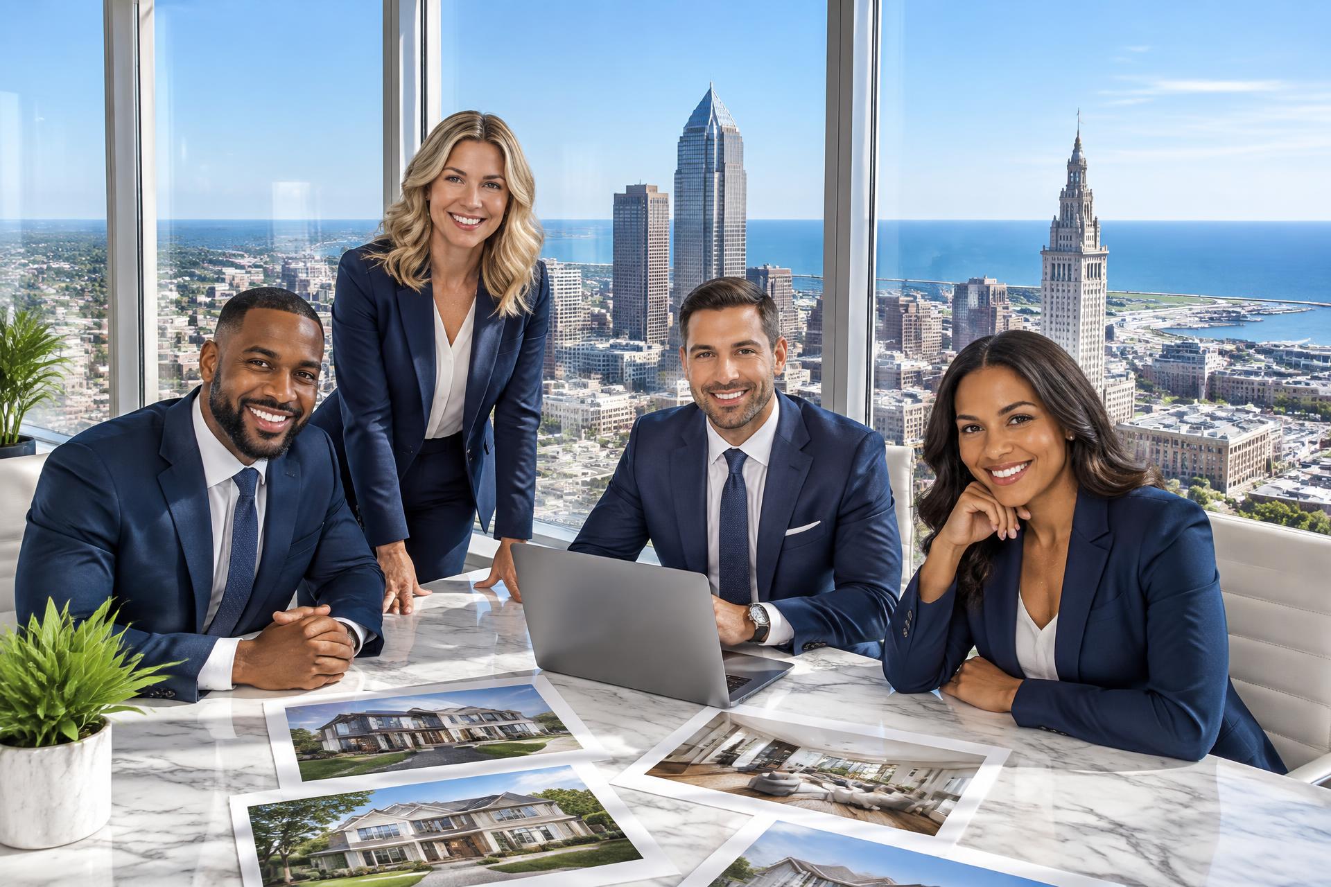 Source One Realty team collaborating in a bright Cleveland office overlooking the city skyline