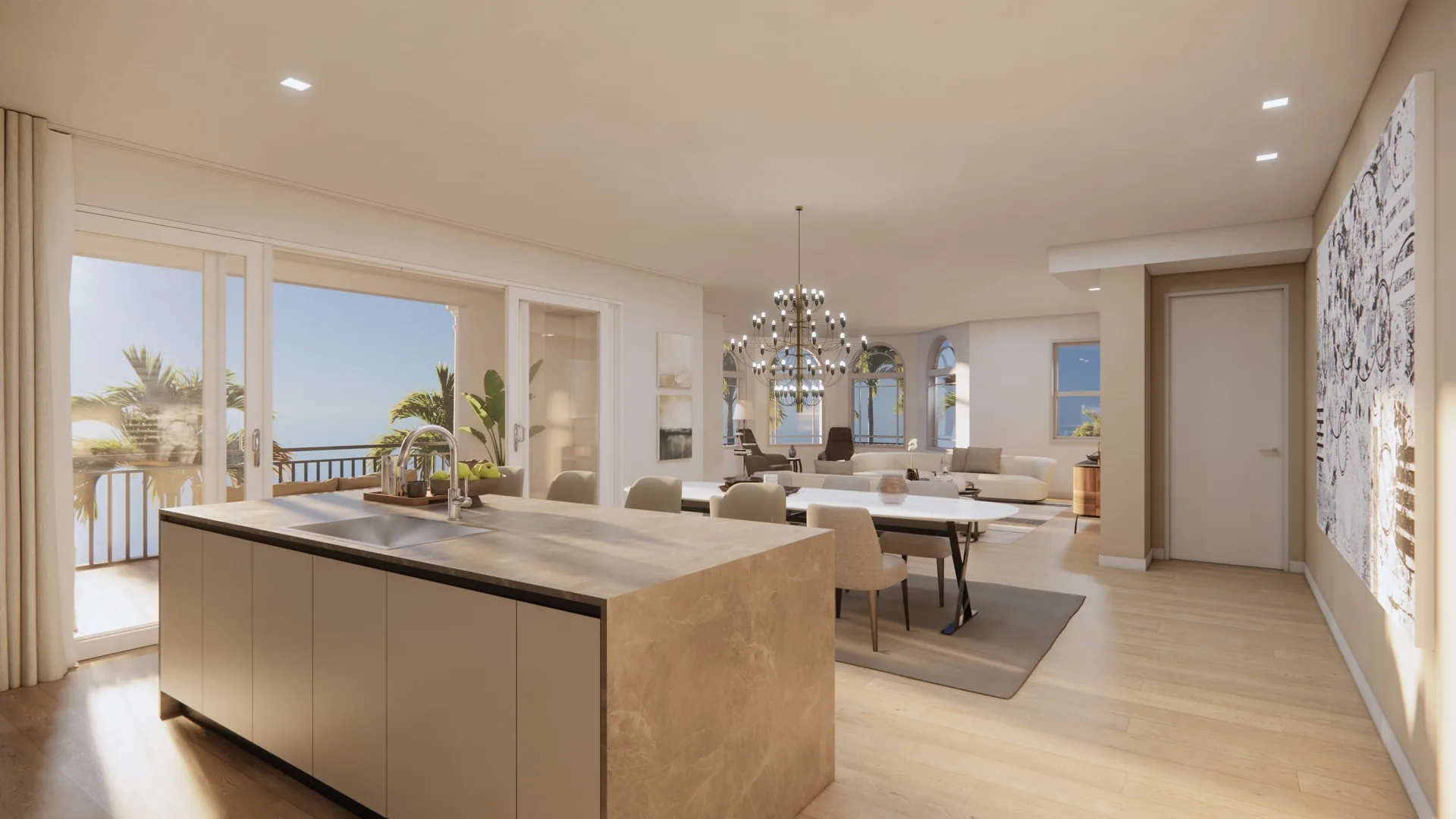 Great room and kitchen in a Bayfront residence