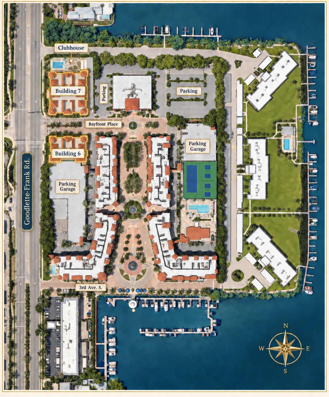 Bayfront site plan with Buildings 6 and 7, the clubhouse and a north compass