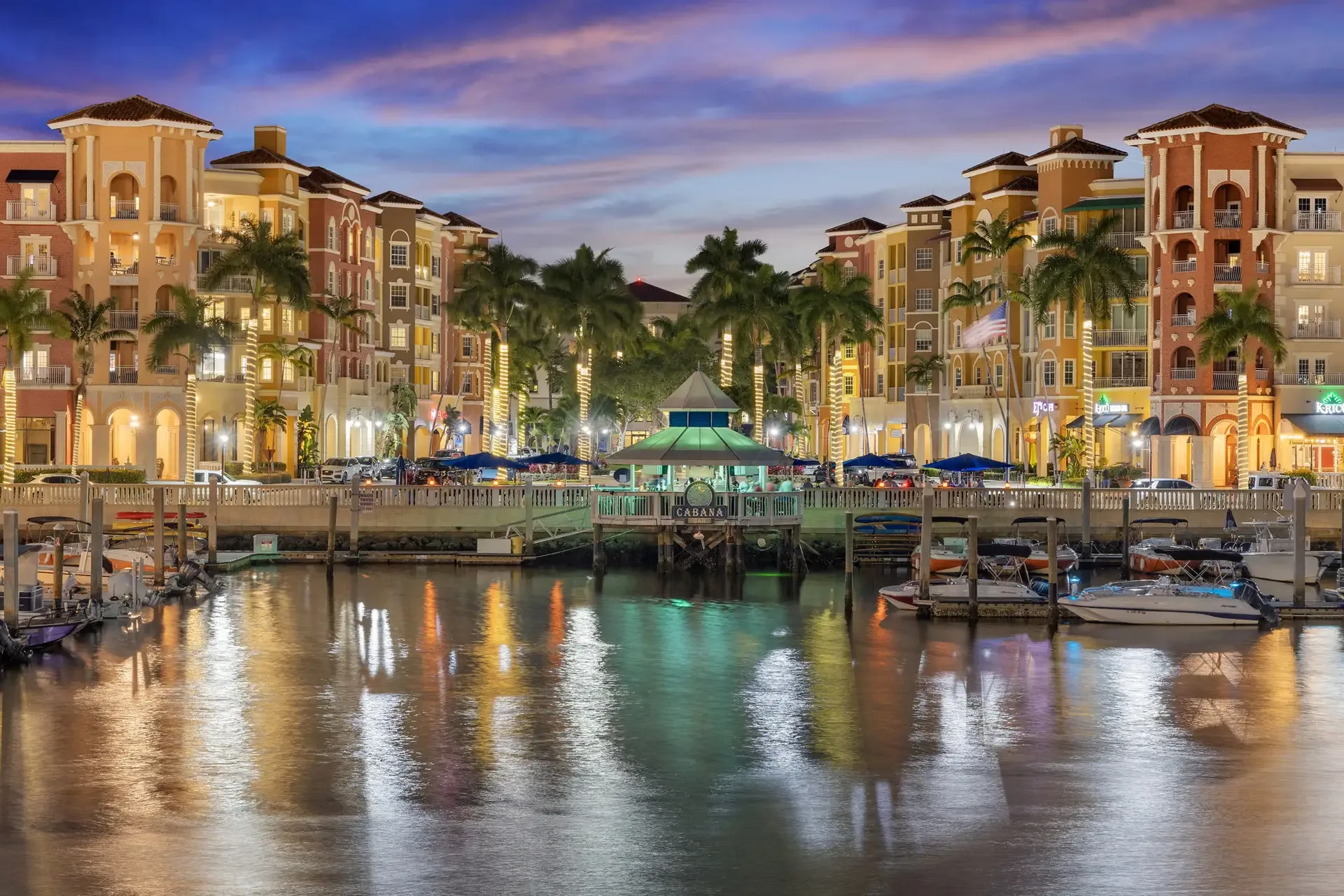 Bayfront marina and boardwalk at twilight