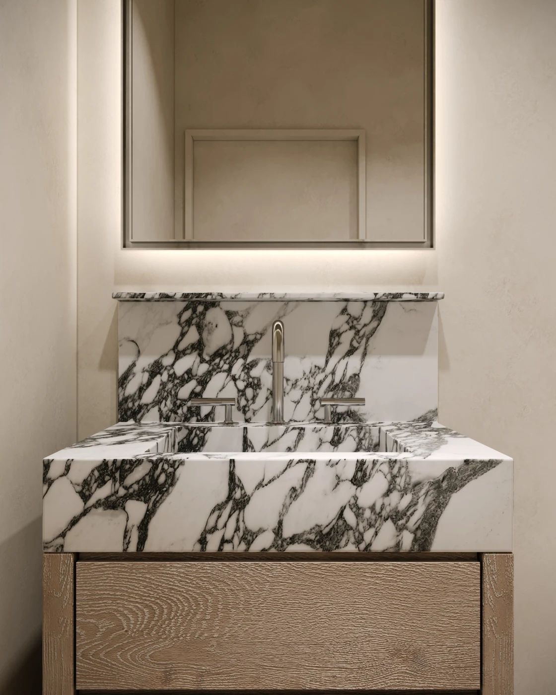 Bath with veined marble vanity