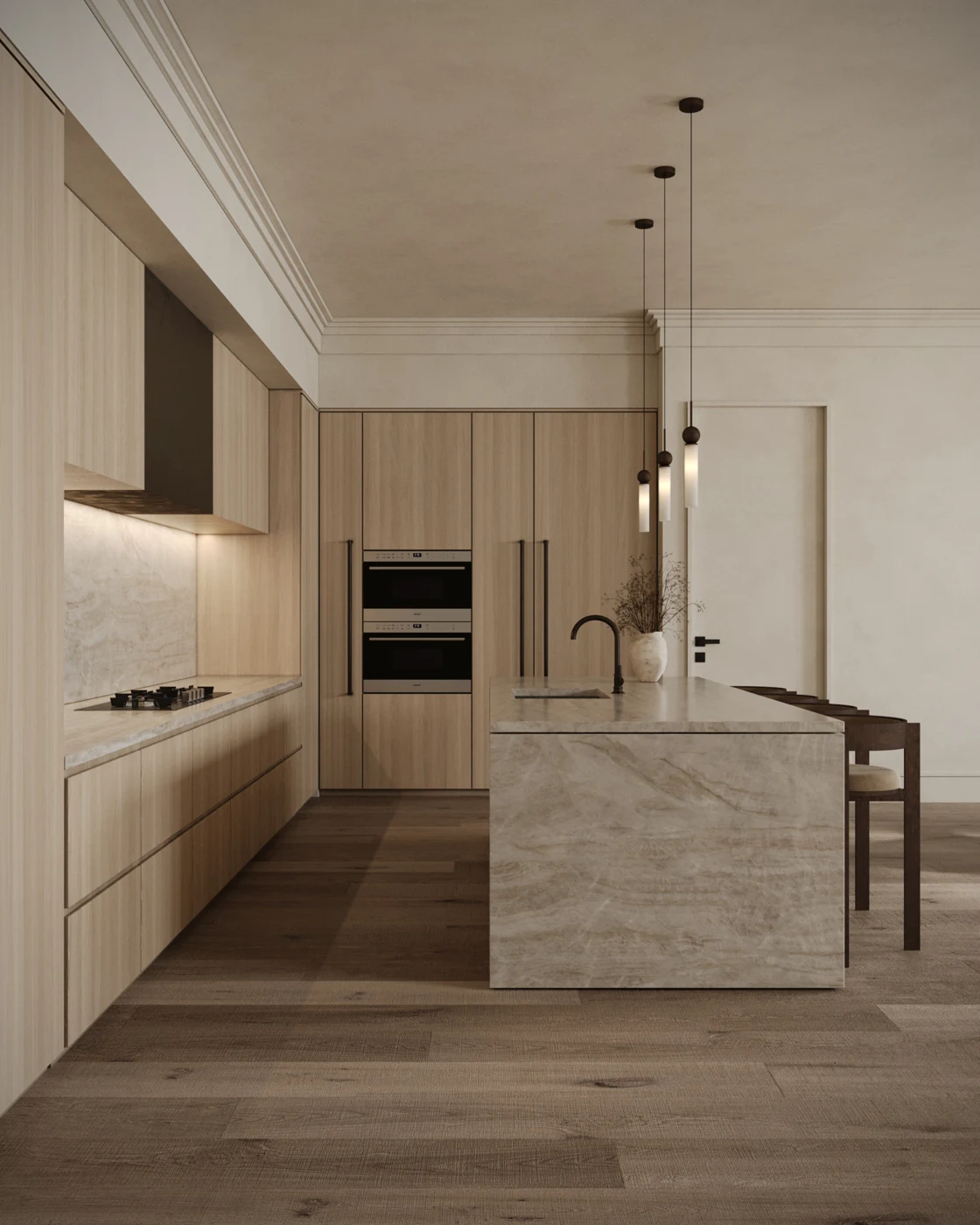 Kitchen with a veined stone island