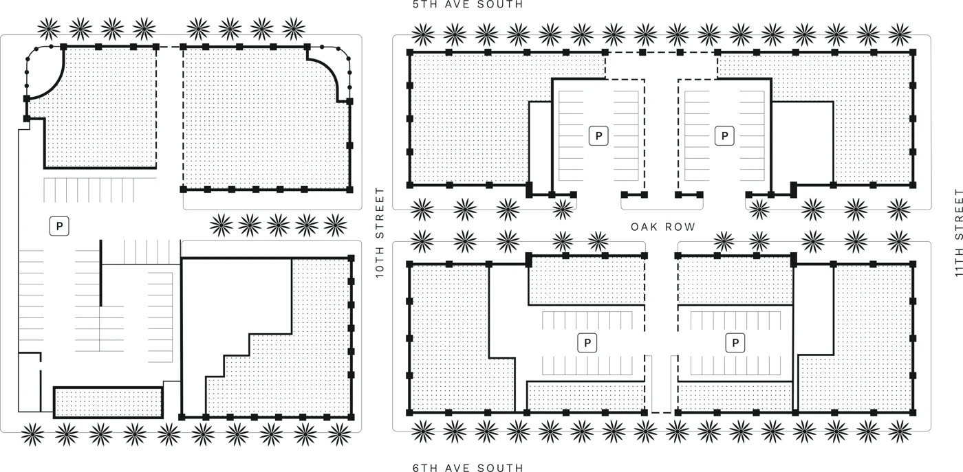 Site plan showing ground-level shops, restaurants and parking