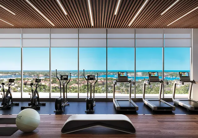 Fitness studio with skyline views